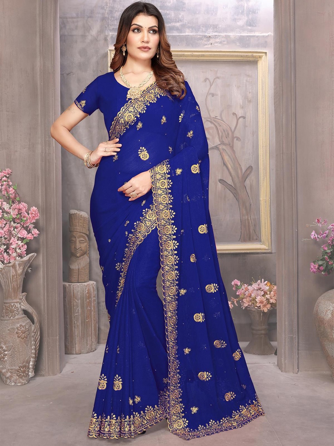 

KHRITI FAB Floral Beads and Stones Pure Georgette Saree, Blue