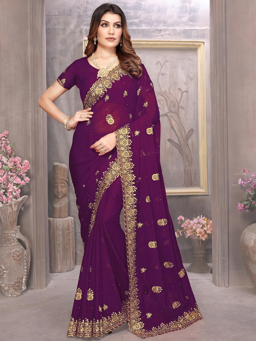 

KHRITI FAB Ethnic Motifs Embroidered Pure Georgette Saree, Purple