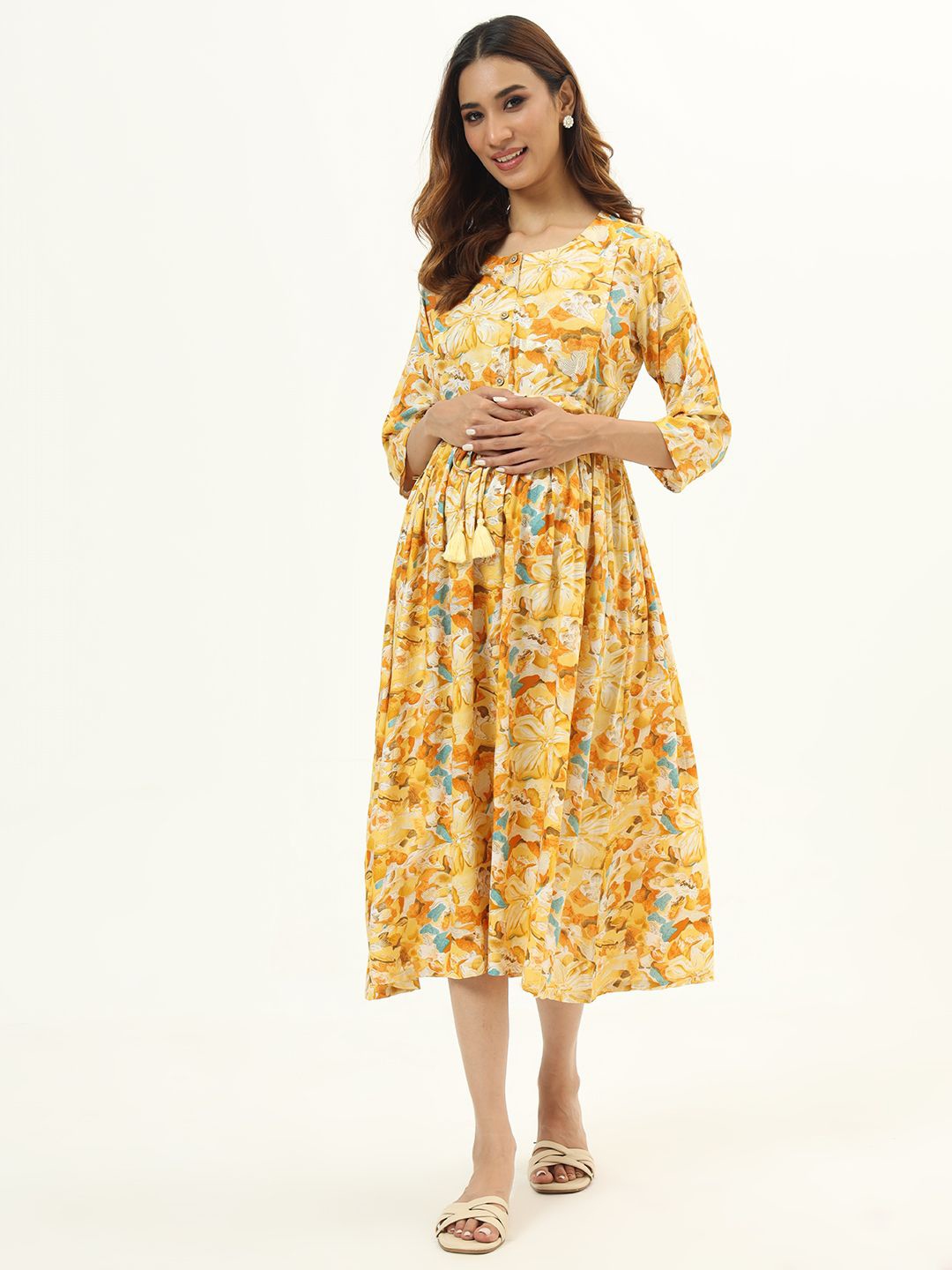 

mumzhug Floral Printed Gathered Maternity Ethnic Dress, Yellow