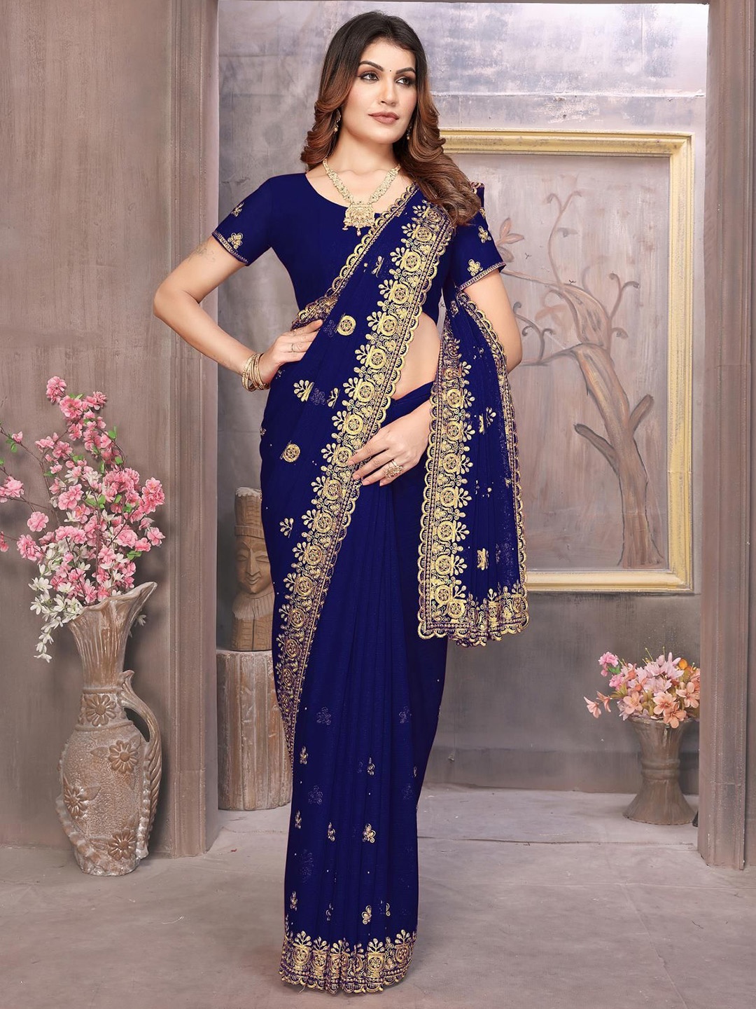 

KHRITI FAB Ethnic Motifs Embroidered Pure Georgette Saree, Navy blue