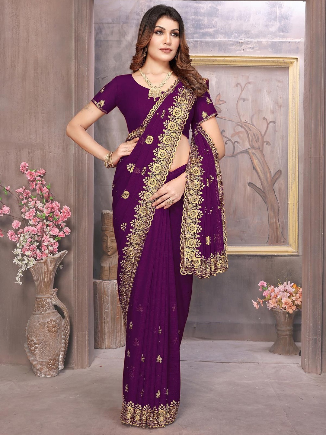 

KHRITI FAB Floral Embroidered Pure Georgette Saree, Purple