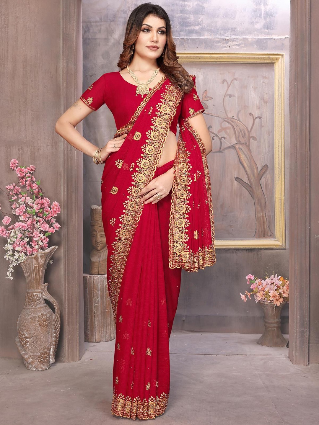 

KHRITI FAB Ethnic Motifs Beads and Stones Pure Georgette Saree, Red