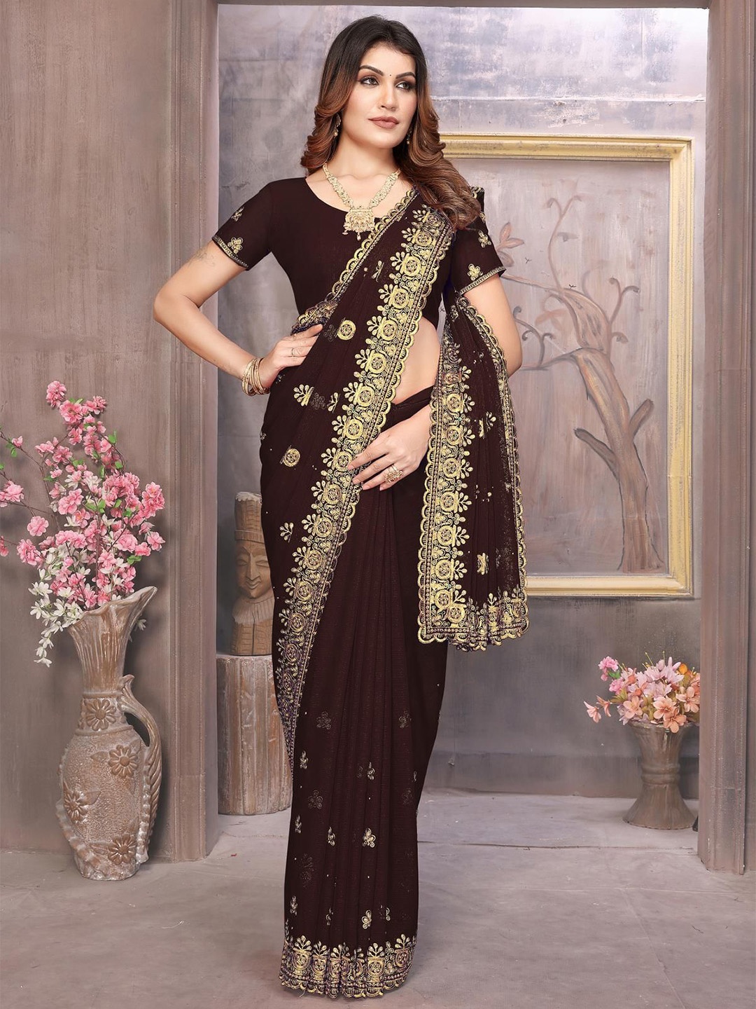 

KHRITI FAB Floral Embroidered Pure Georgette Saree, Brown