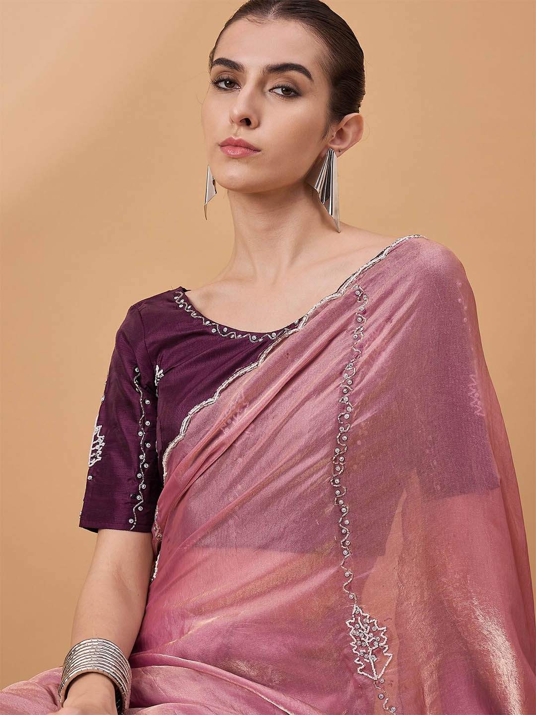 

all about you Floral Embroidered Satin Saree, Pink