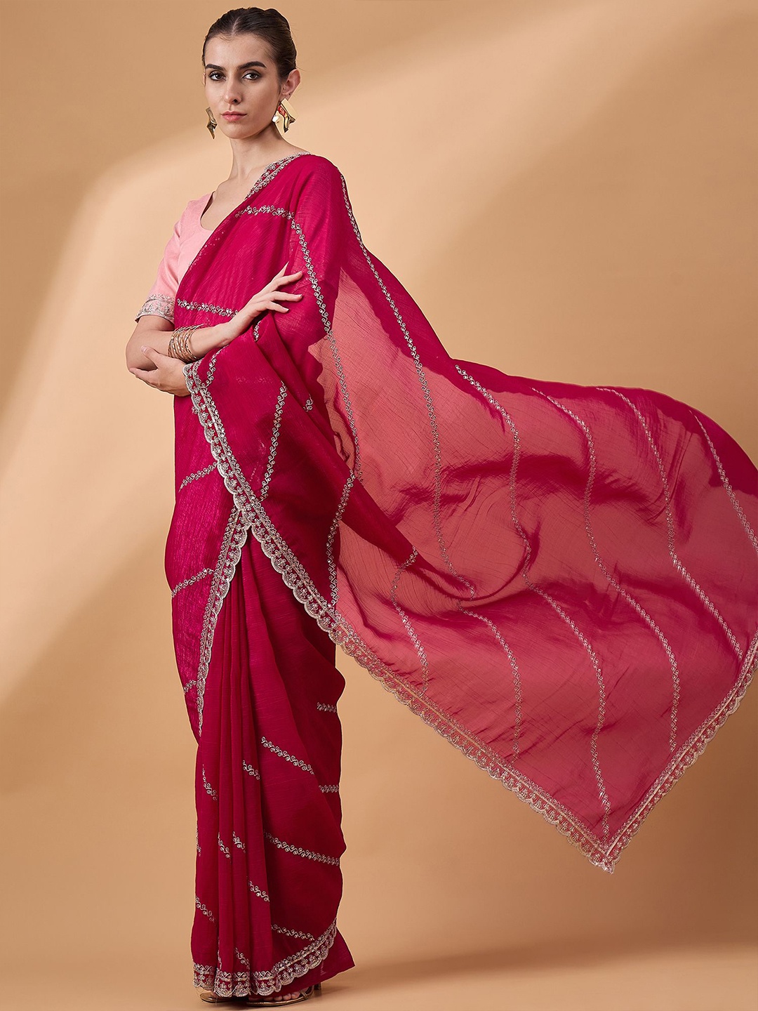

all about you Striped Beads and Stones Satin Saree, Pink
