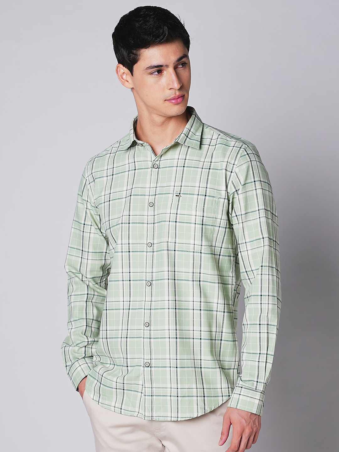 

MOZZO Men Slim Fit Opaque Checked Casual Shirt, Green