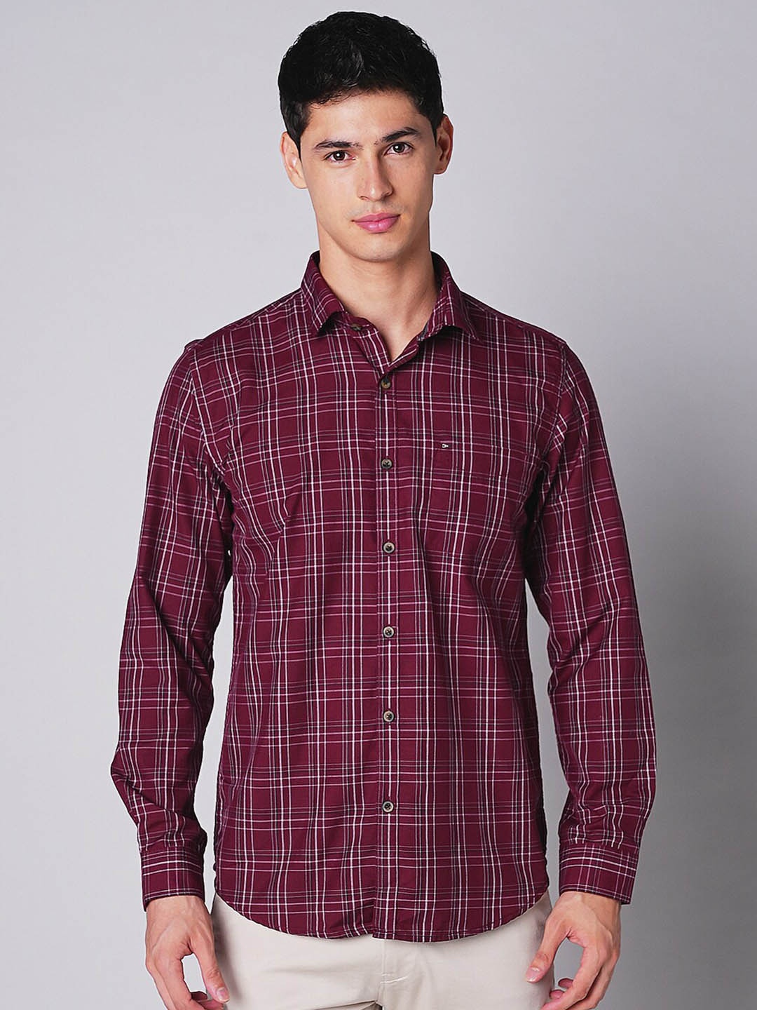 

MOZZO Men Slim Fit Tartan Checks Opaque Checked Casual Shirt, Maroon