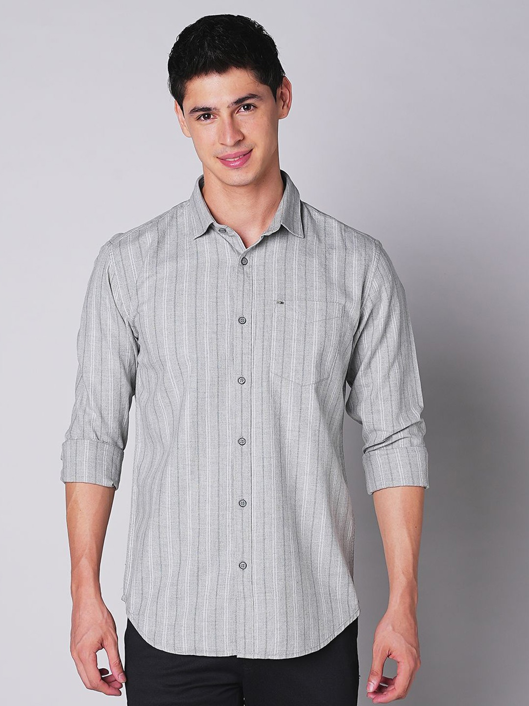 

MOZZO Men Slim Fit Opaque Striped Casual Shirt, Grey