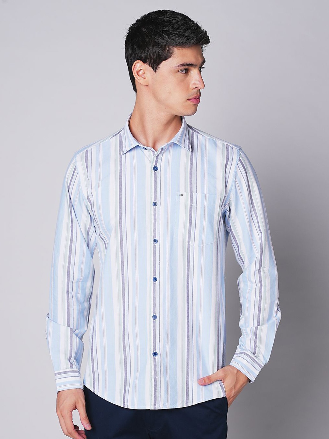 

MOZZO Men Slim Fit Opaque Striped Casual Shirt, Blue