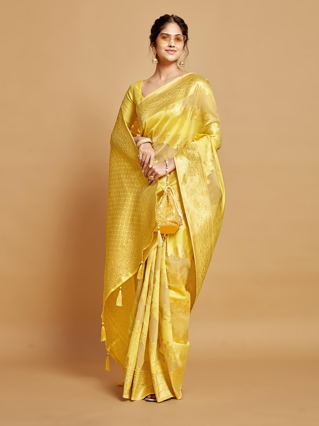 

ALAGINI Woven Design Zari Pure Linen Banarasi Saree, Yellow