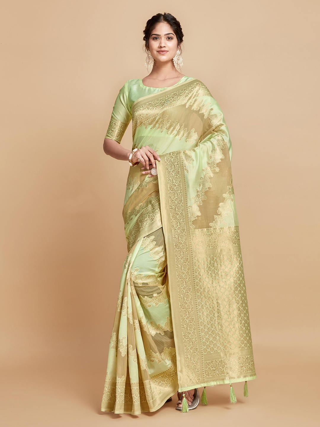 

ALAGINI Ethnic Motifs Zari Pure Linen Banarasi Saree, Green