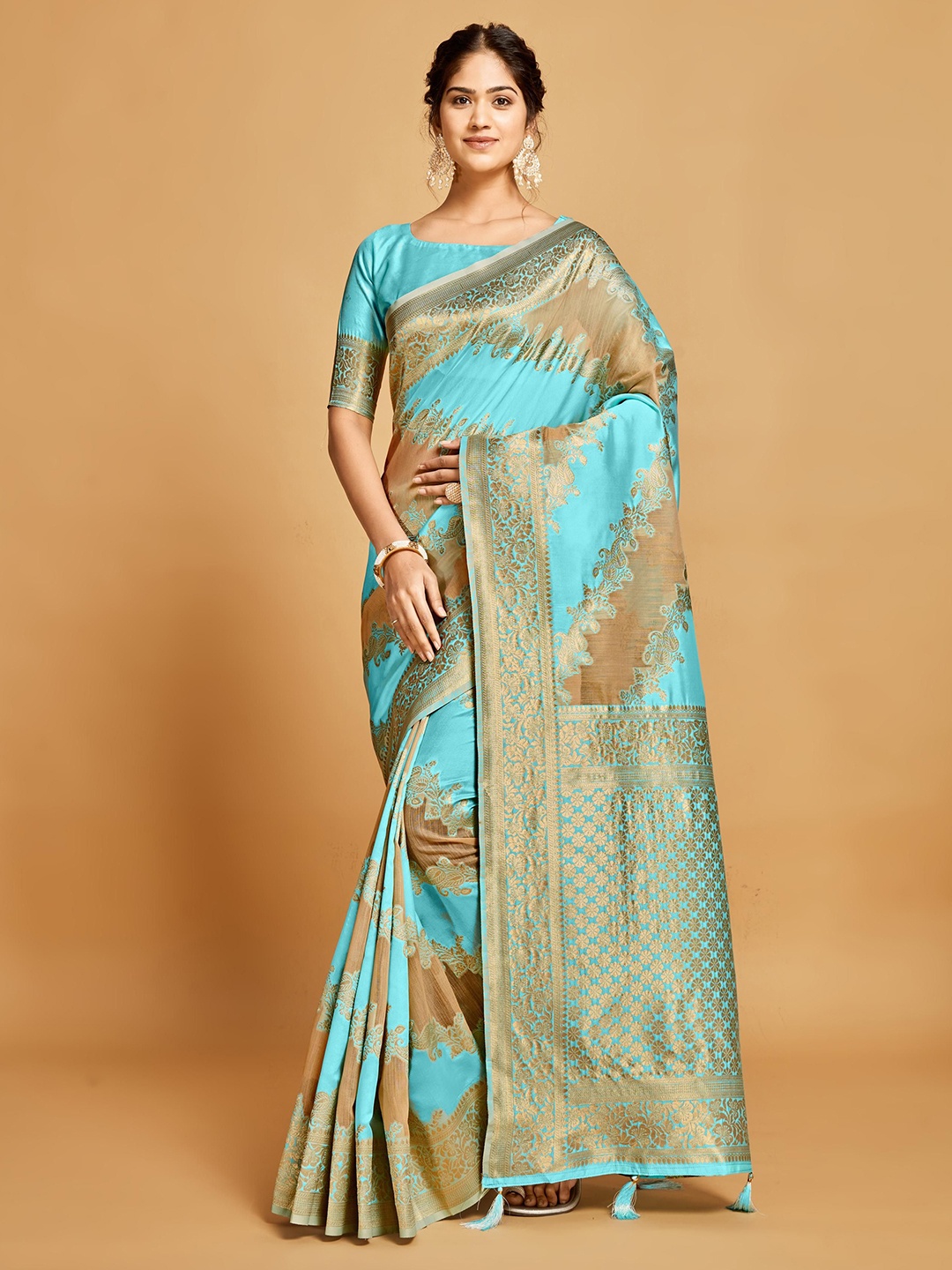 

ALAGINI Woven Design Zari Pure Linen Banarasi Saree, Blue