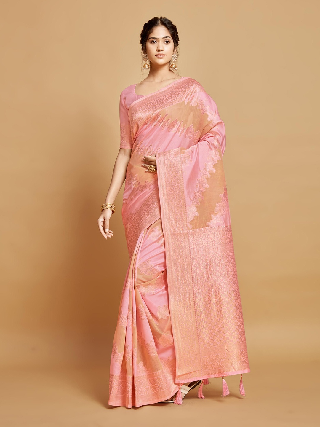 

ALAGINI Woven Design Zari Pure Linen Banarasi Saree, Pink