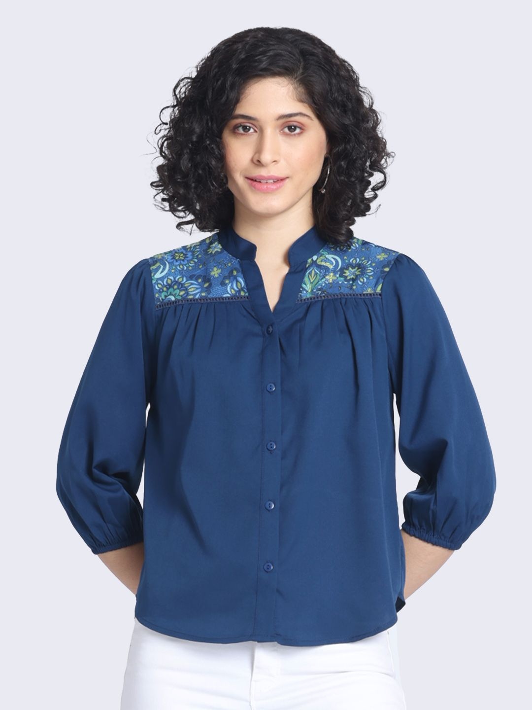 

SHAYE Floral Mandarin Collar Crepe Shirt Style Top, Navy blue