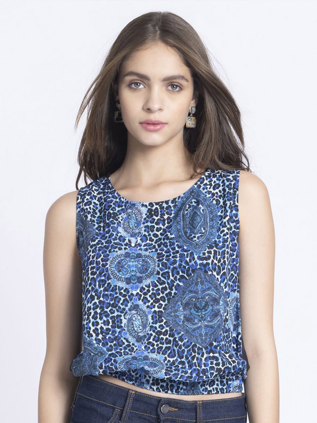 

SHAYE Animal Skin Printed Sleeveless Crepe Crop Top, Blue