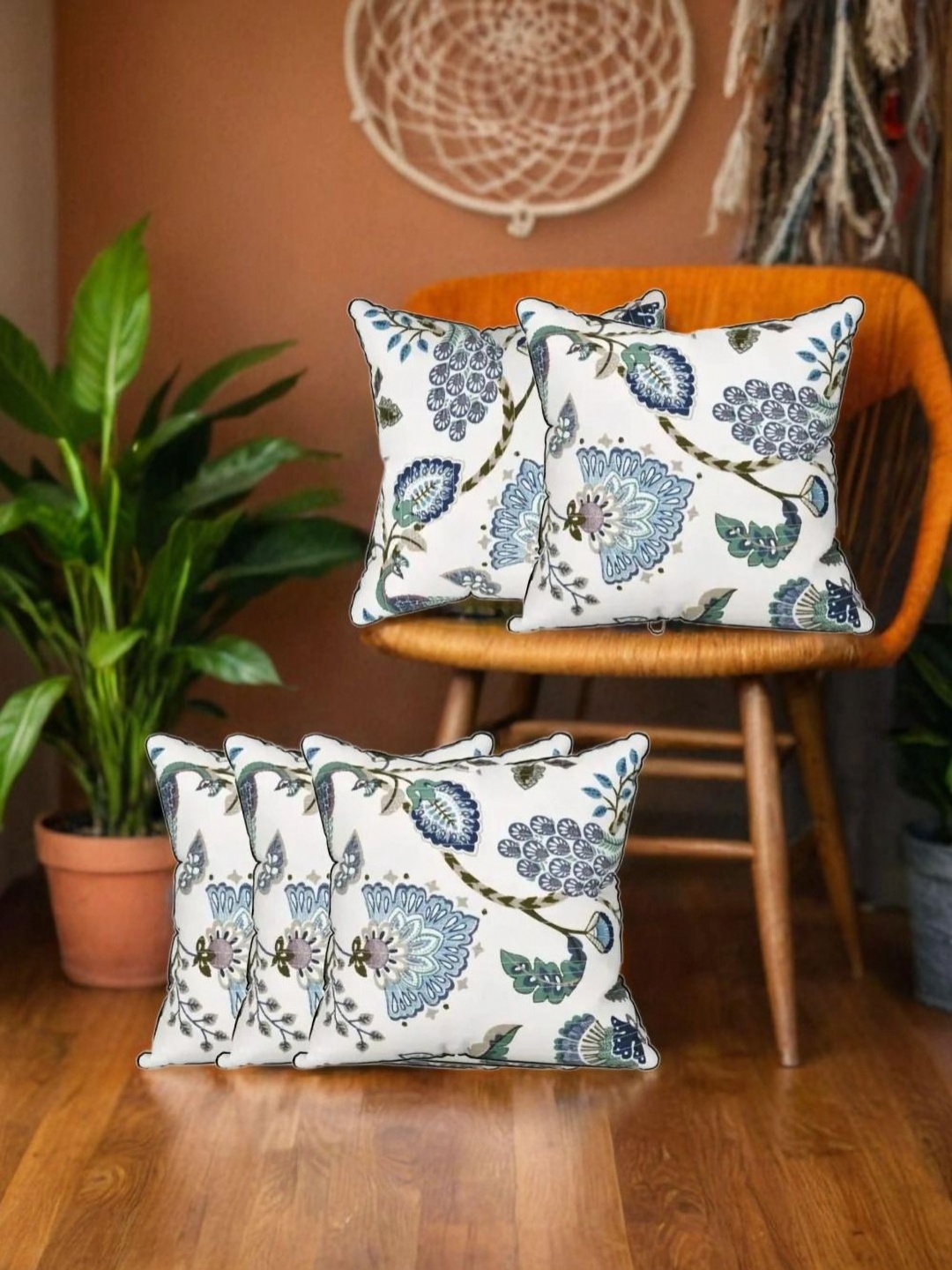 

Urban Jaipur White & Blue 5 Pieces Floral Printed Cotton Square Cushion Covers