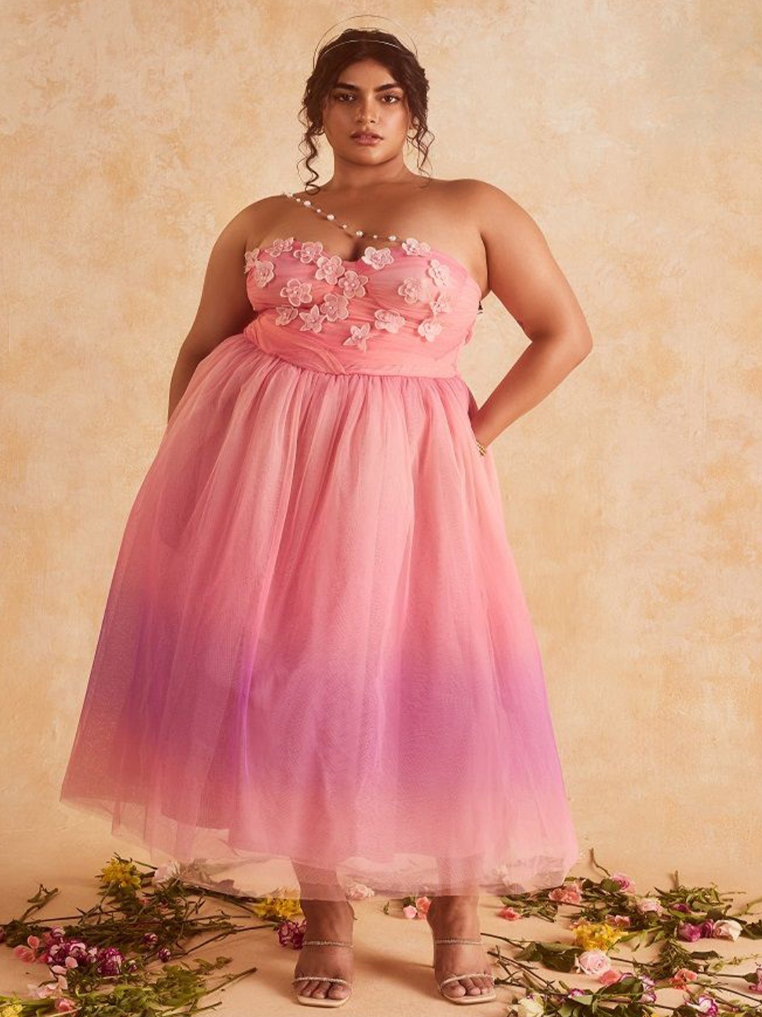 

Lea Clothing Co. Floral Applique Ombre Fit and Flare Dress, Pink