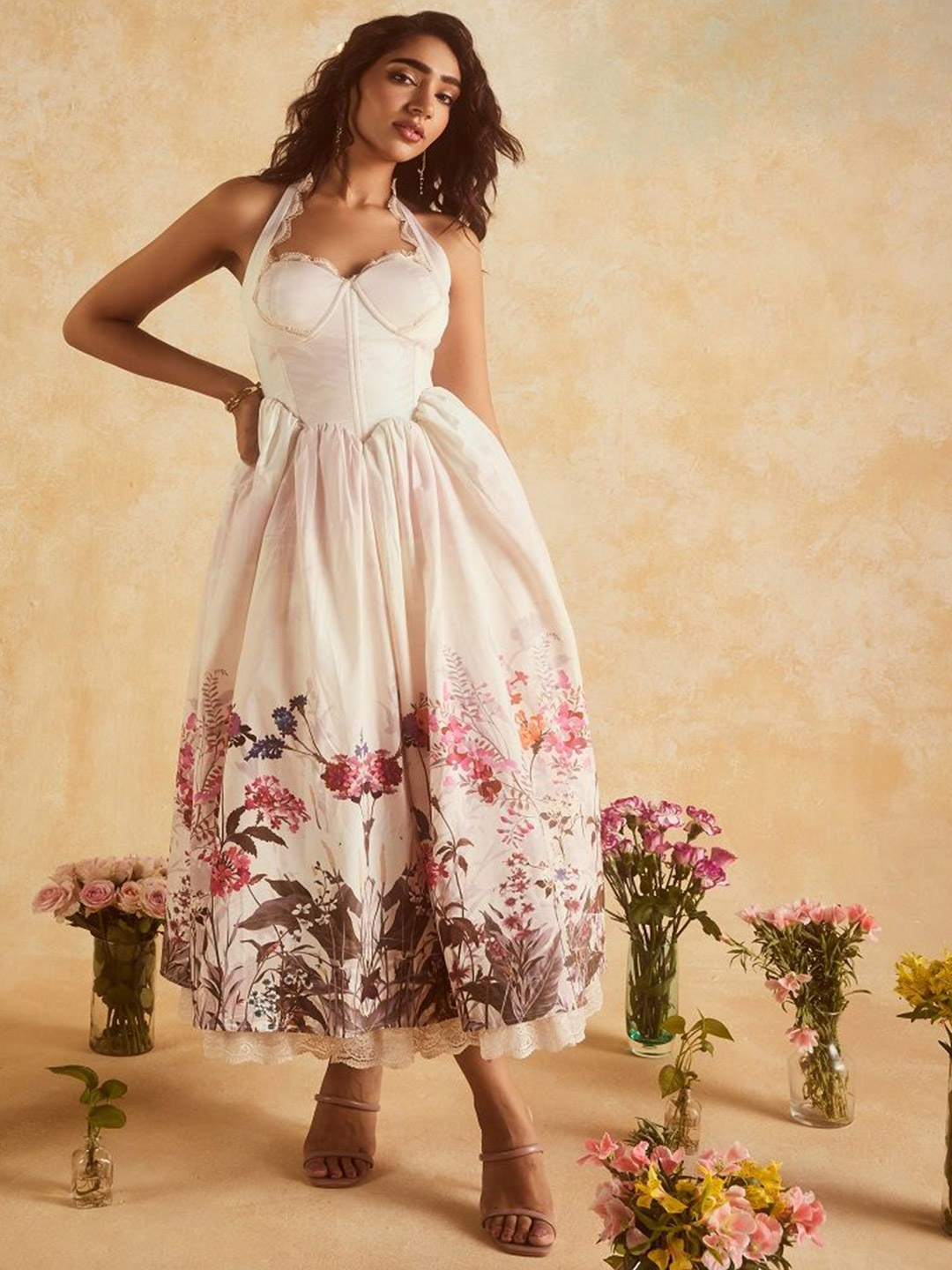 

Lea Clothing Co. Floral Print Halter Neck Fit and Flare Maxi Dress, White