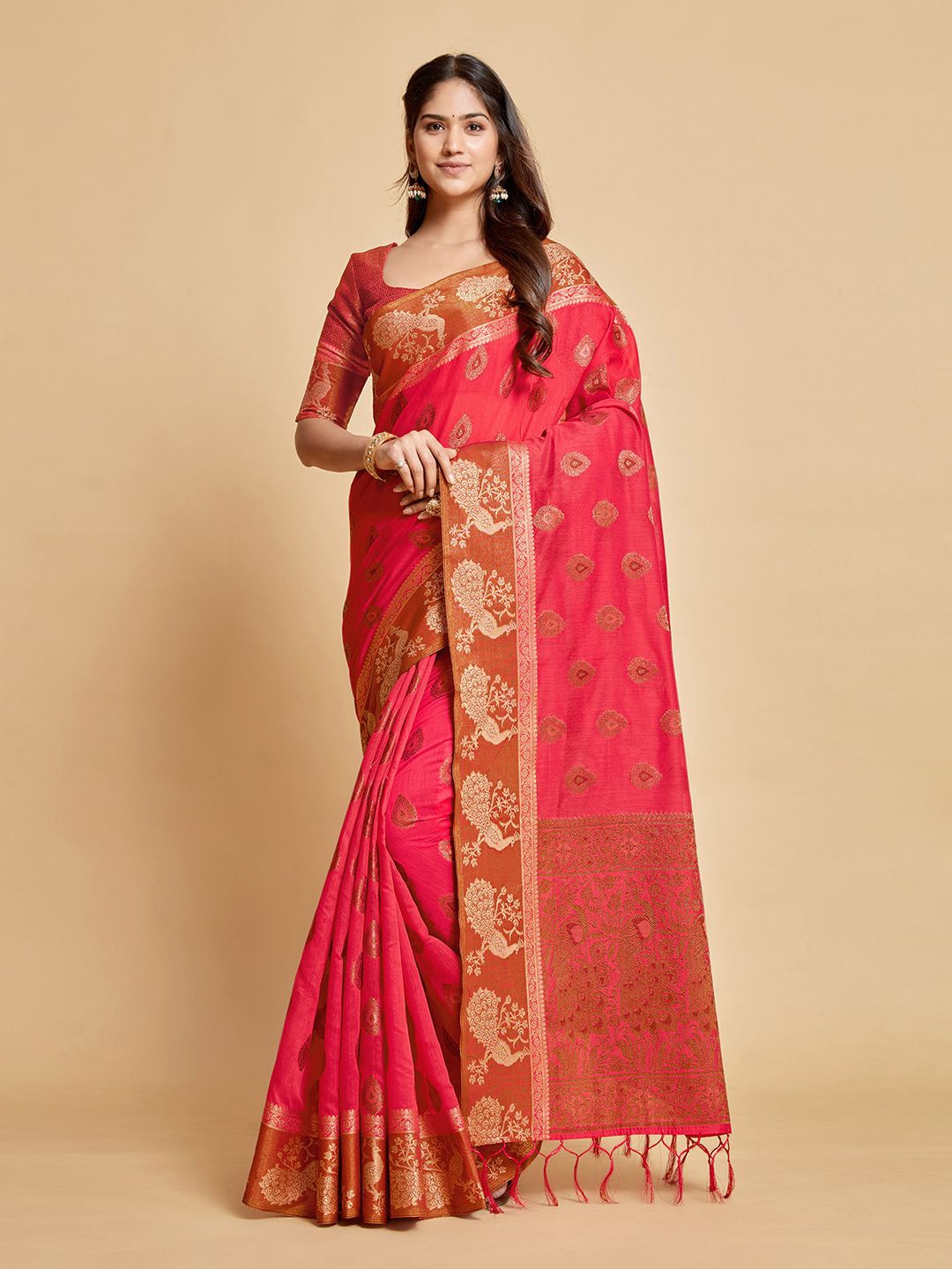 

ALAGINI Ethnic Motifs Zari Pure Cotton Chanderi Saree, Pink