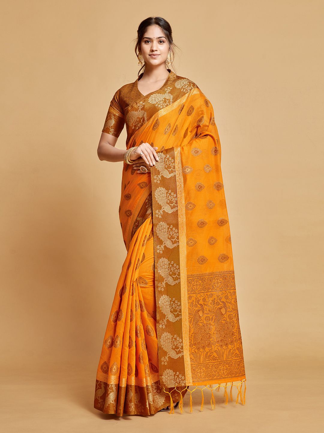 

ALAGINI Woven Design Zari Pure Cotton Chanderi Saree, Mustard