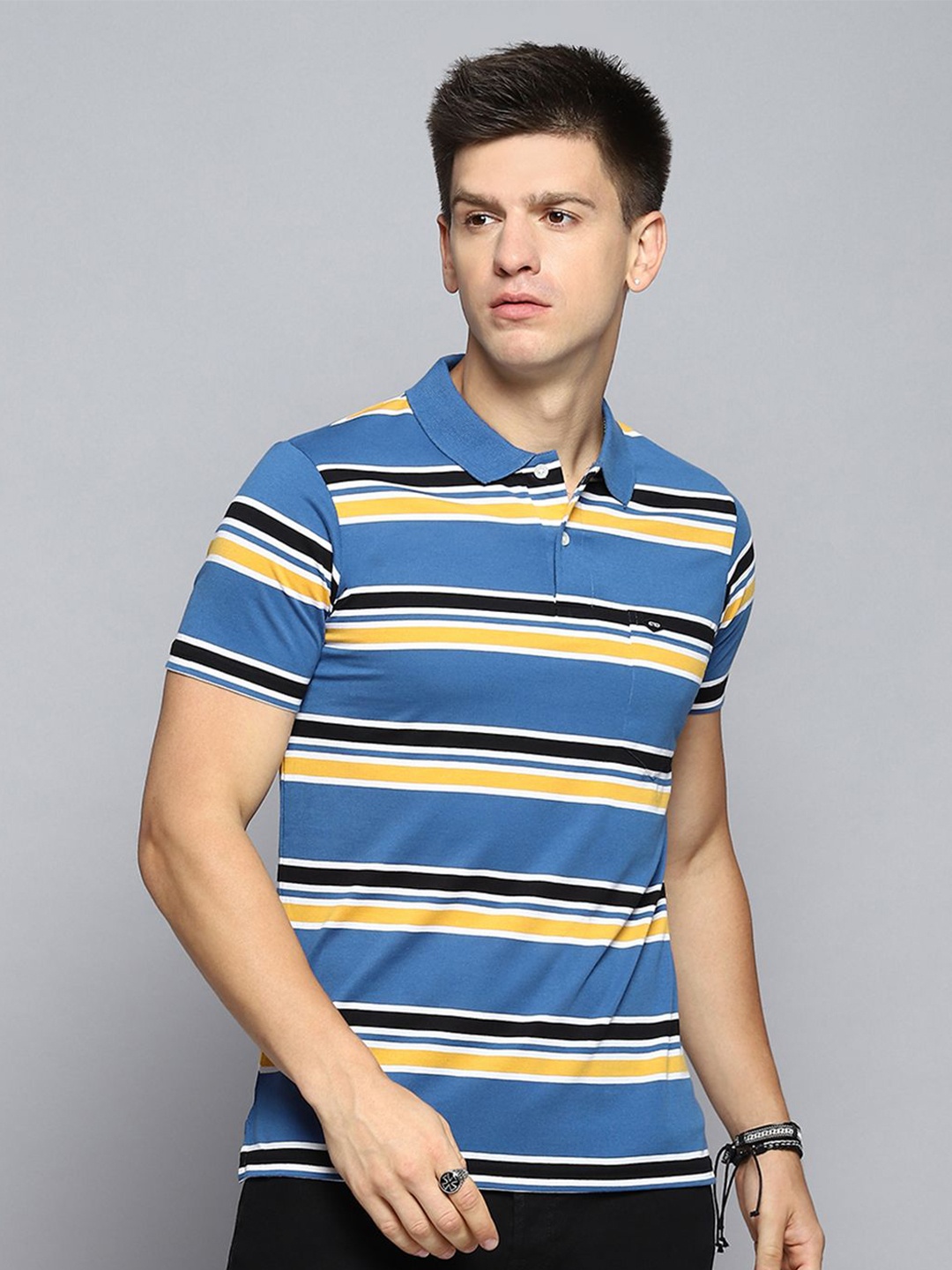 

Cloak & Decker by Monte Carlo Men Striped Polo Collar Pocket T-shirt, Blue