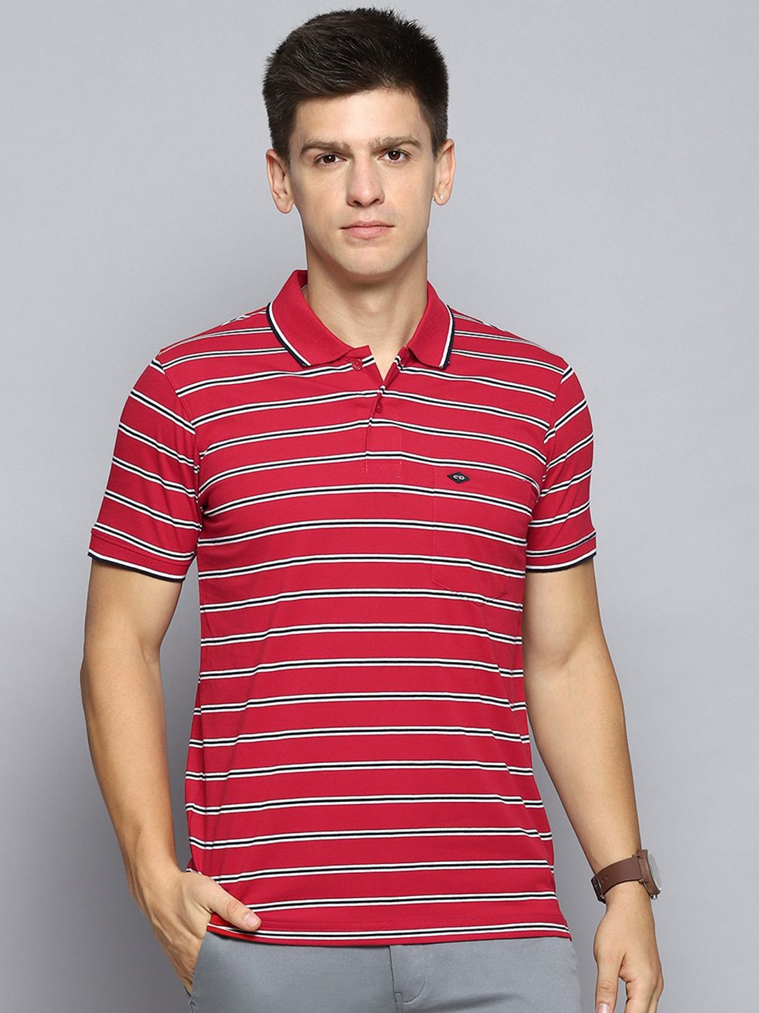 

Cloak & Decker by Monte Carlo Men Striped Polo Collar Pockets T-shirt, Red