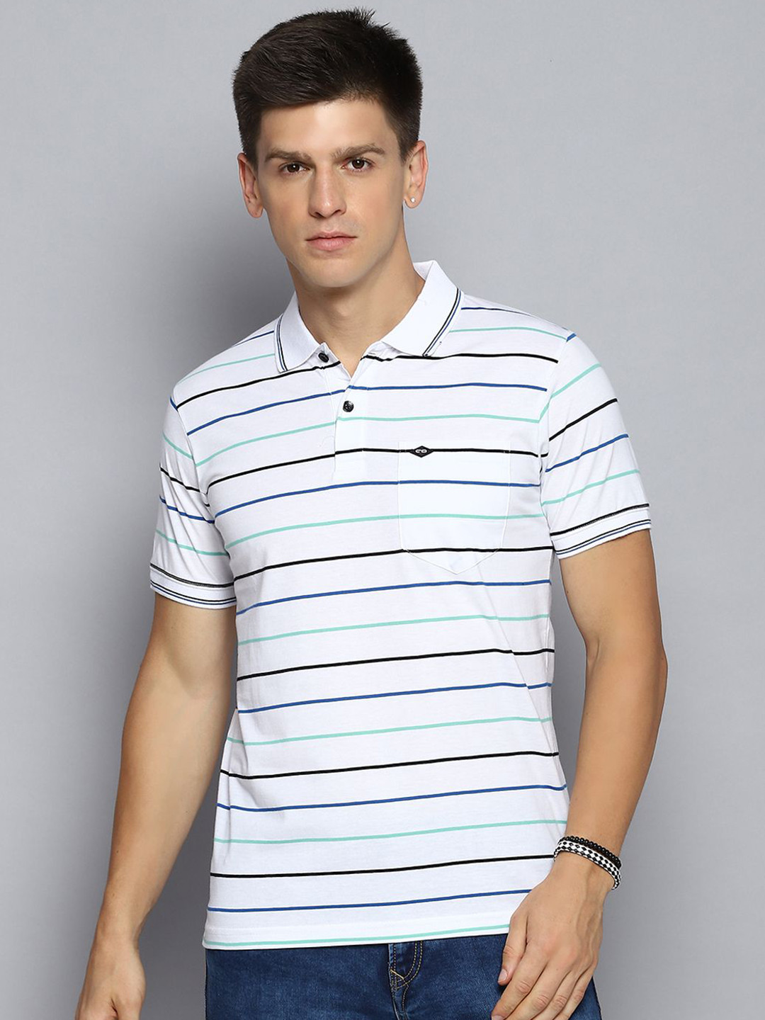 

Cloak & Decker by Monte Carlo Men Striped Polo Collar Pocket T-shirt, White