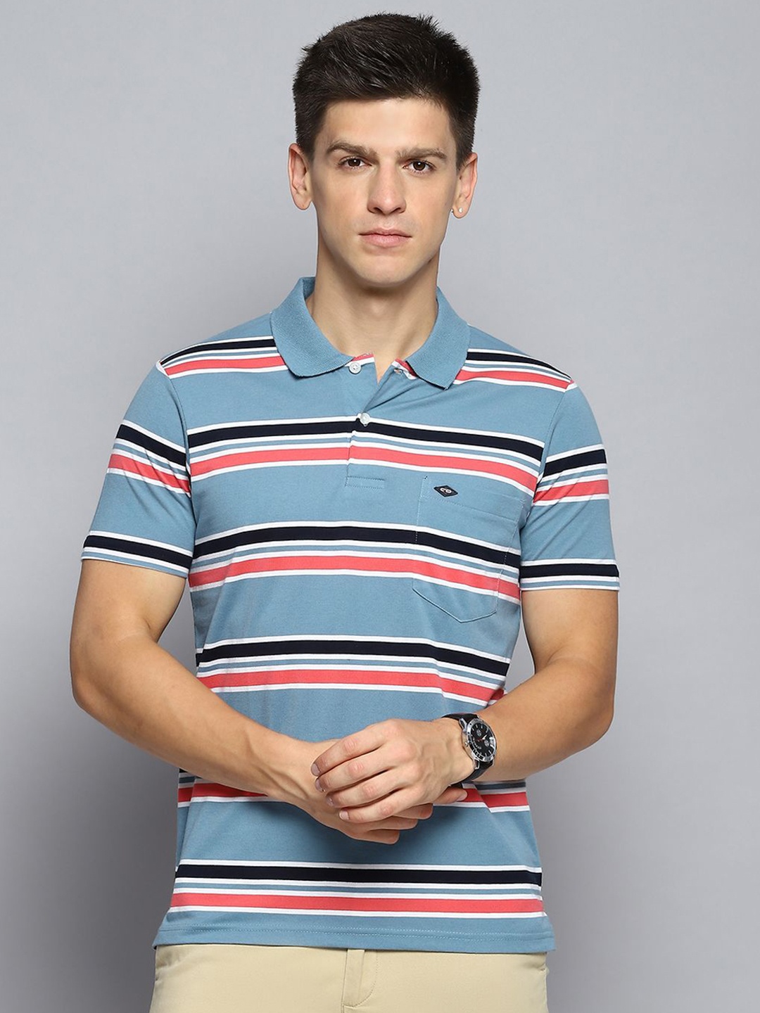 

Cloak & Decker by Monte Carlo Men Striped Polo Collar Pockets T-shirt, Blue