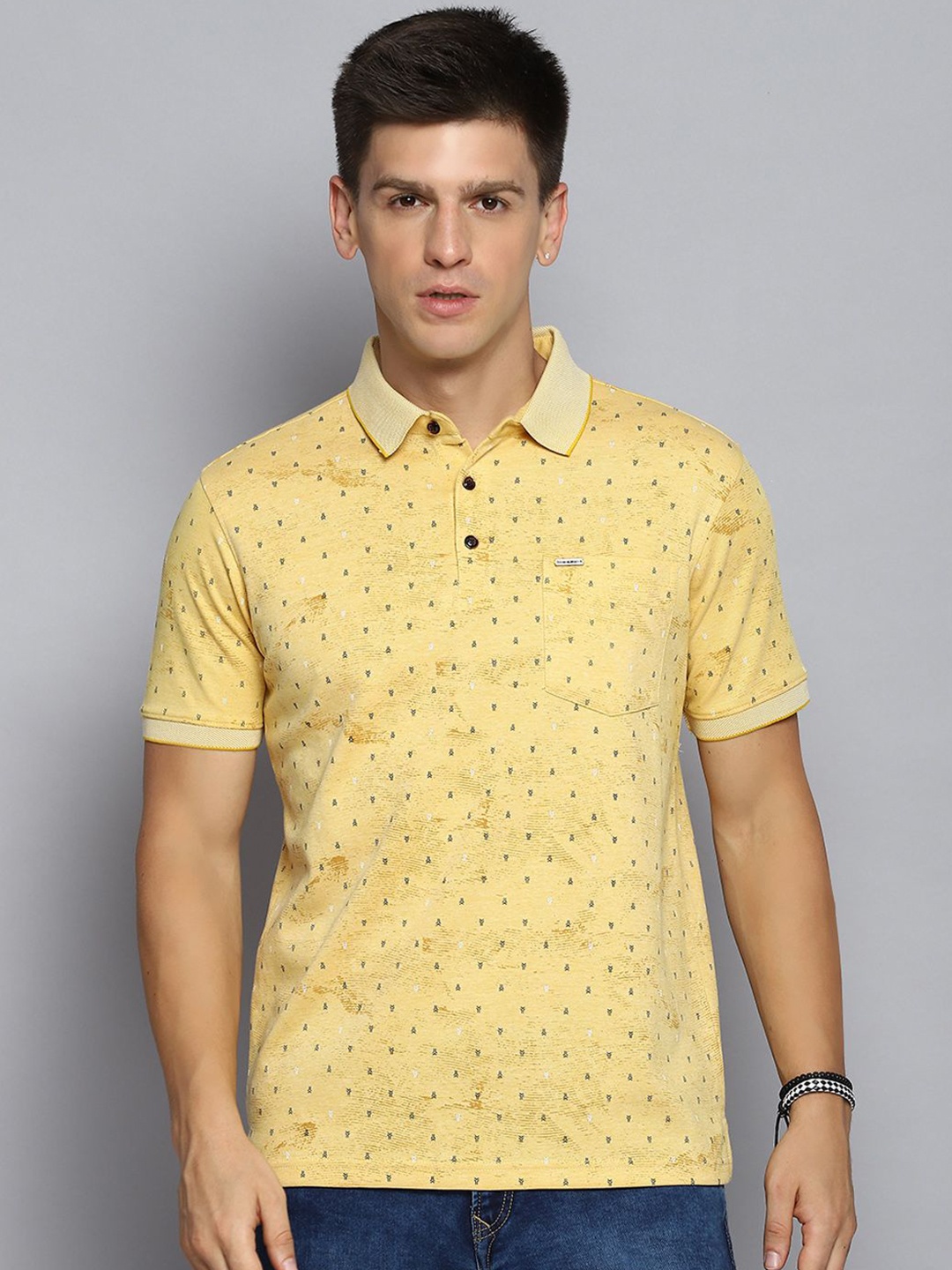 

Cloak & Decker by Monte Carlo Men Micro Ditsy Printed Polo Collar Pocket T-shirt, Yellow
