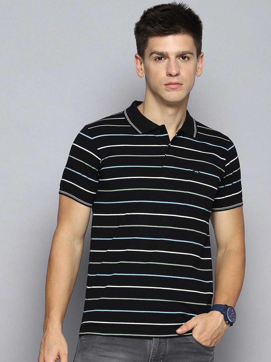 

Cloak & Decker by Monte Carlo Men Striped Polo Collar Pocket T-shirt, Black