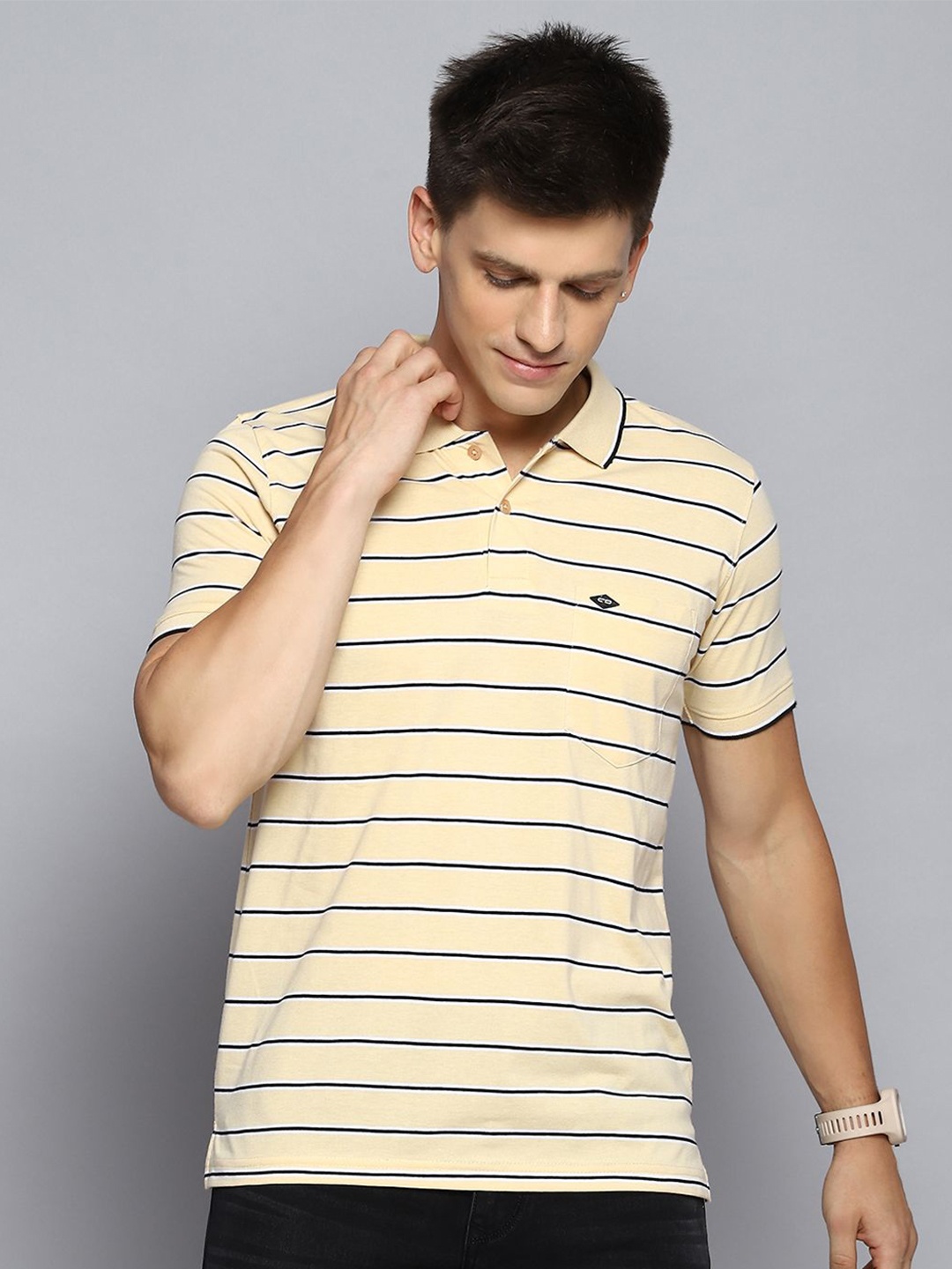 

Cloak & Decker by Monte Carlo Men Striped Polo Collar Pocket T-shirt, Yellow
