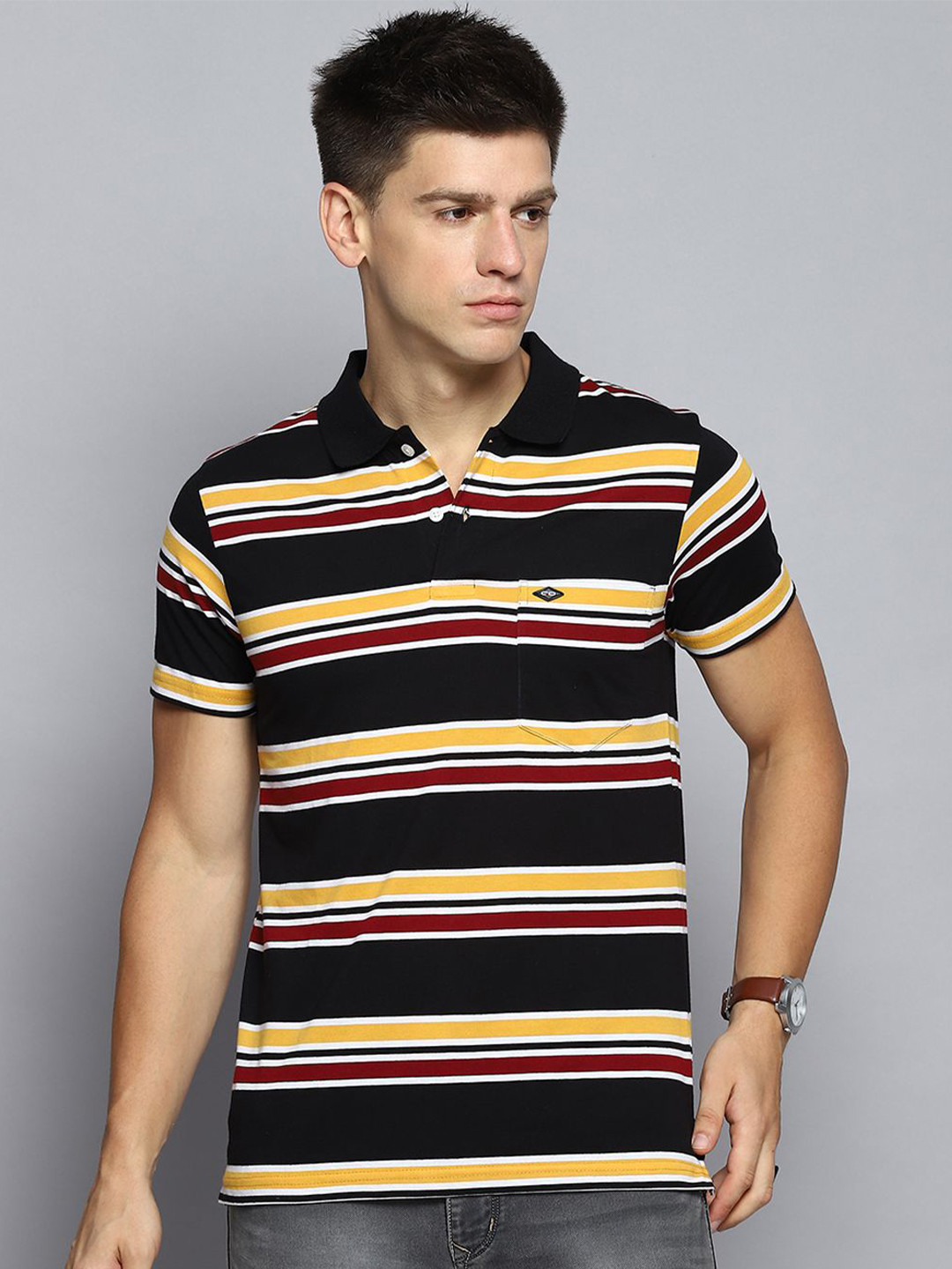 

Cloak & Decker by Monte Carlo Men Striped Polo Collar Pocket T-shirt, Black