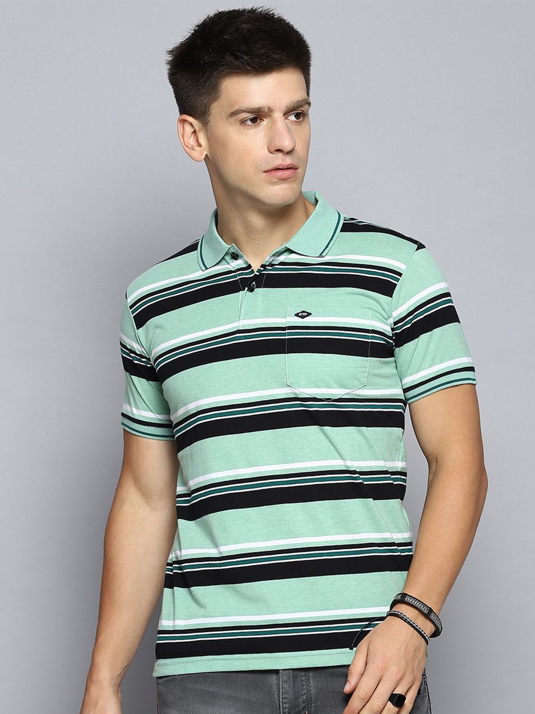 

Cloak & Decker by Monte Carlo Men Striped Polo Collar Pocket T-shirt, Sea green