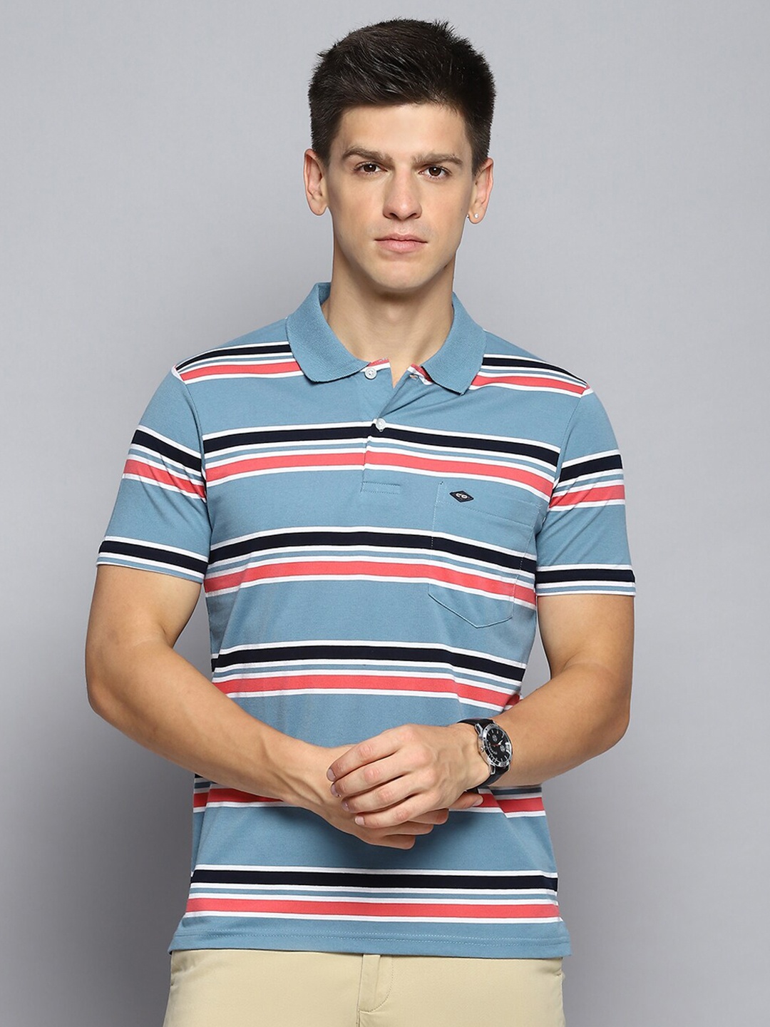 

Cloak & Decker by Monte Carlo Men Striped Polo Collar Pocket T-shirt, Blue