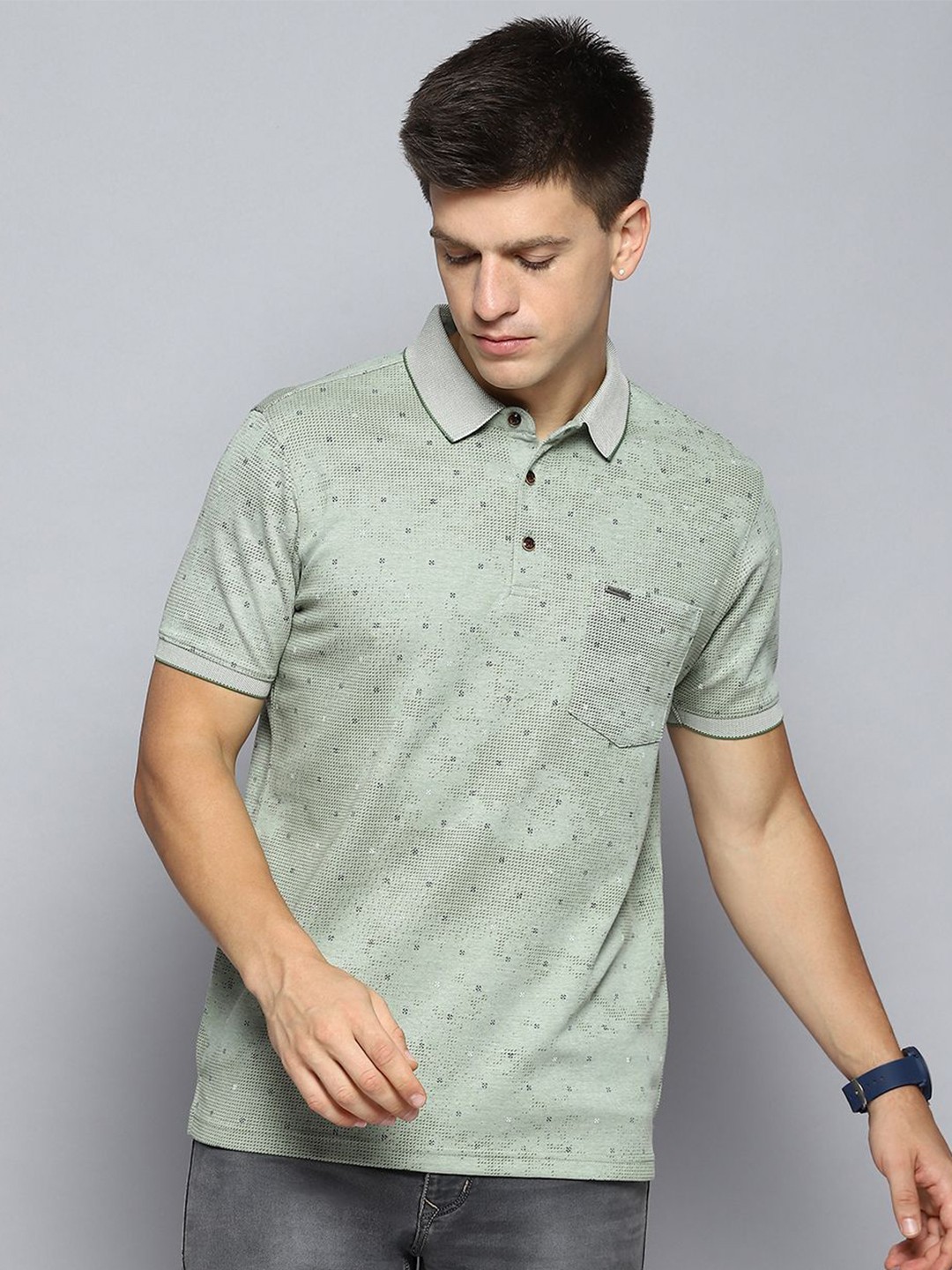 

Cloak & Decker by Monte Carlo Men Floral Printed Polo Collar Pocket T-shirt, Grey
