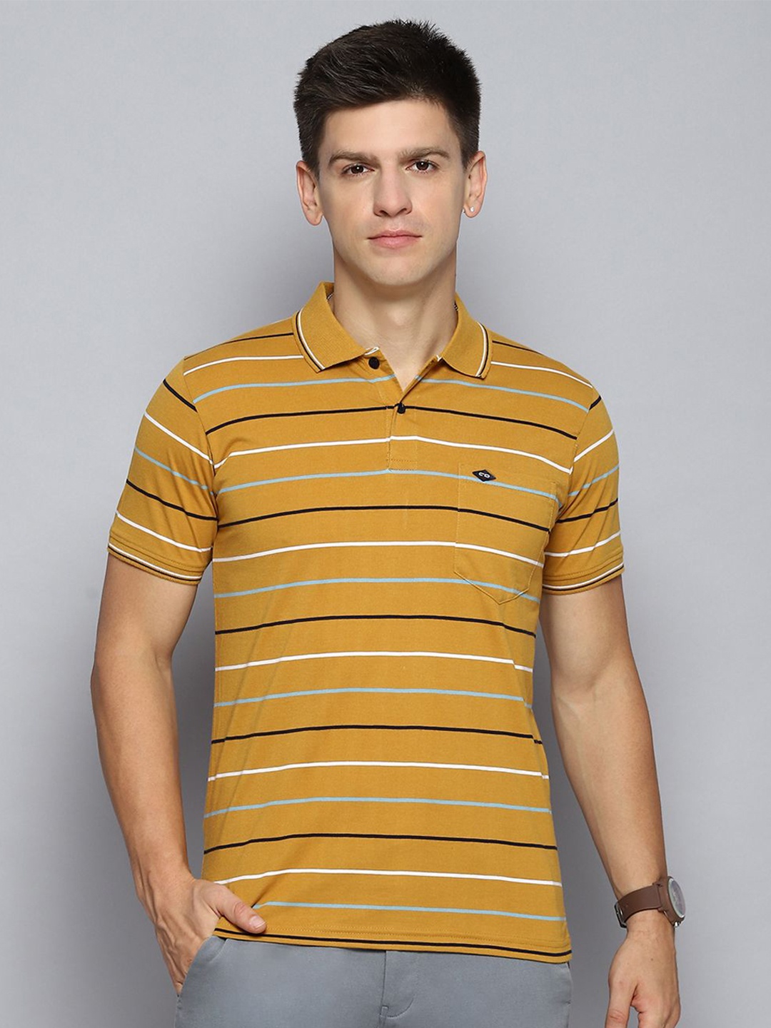 

Cloak & Decker by Monte Carlo Men Striped Polo Collar Pocket T-shirt, Mustard