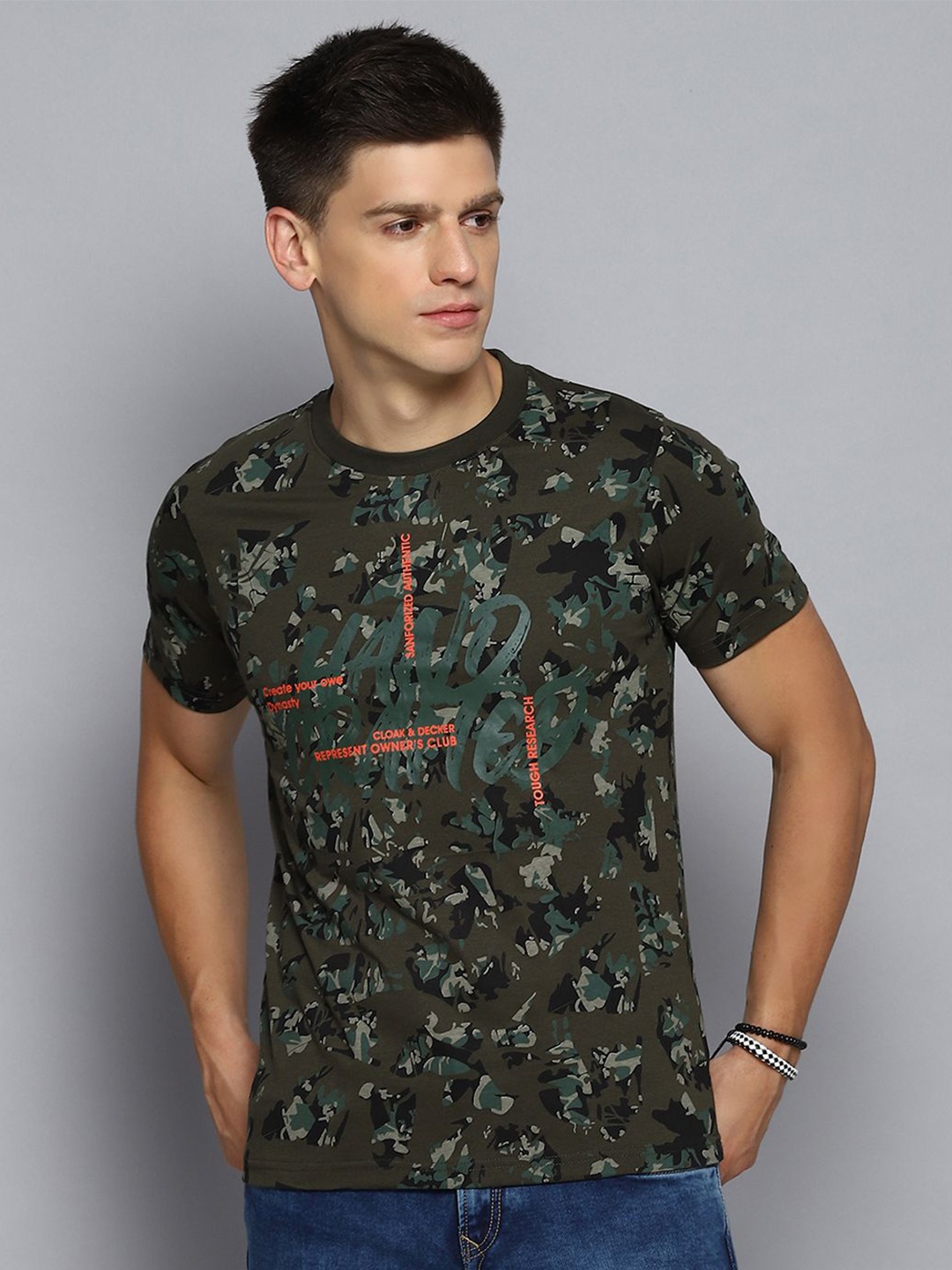 

Cloak & Decker by Monte Carlo Men Camouflage Printed Round Neck T-shirt, Olive