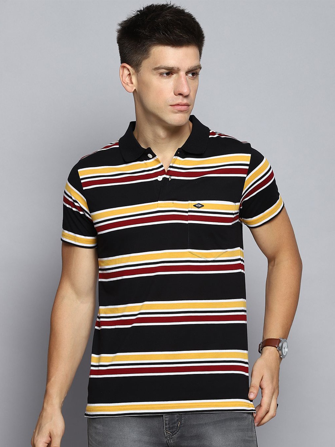 

Cloak & Decker by Monte Carlo Men Striped Polo Collar Pocket T-shirt, Black