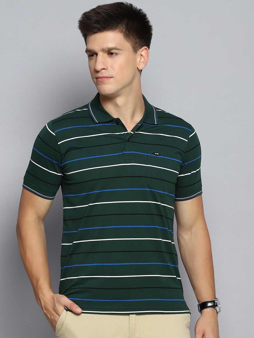 

Cloak & Decker by Monte Carlo Men Striped Polo Collar Pocket T-shirt, Green