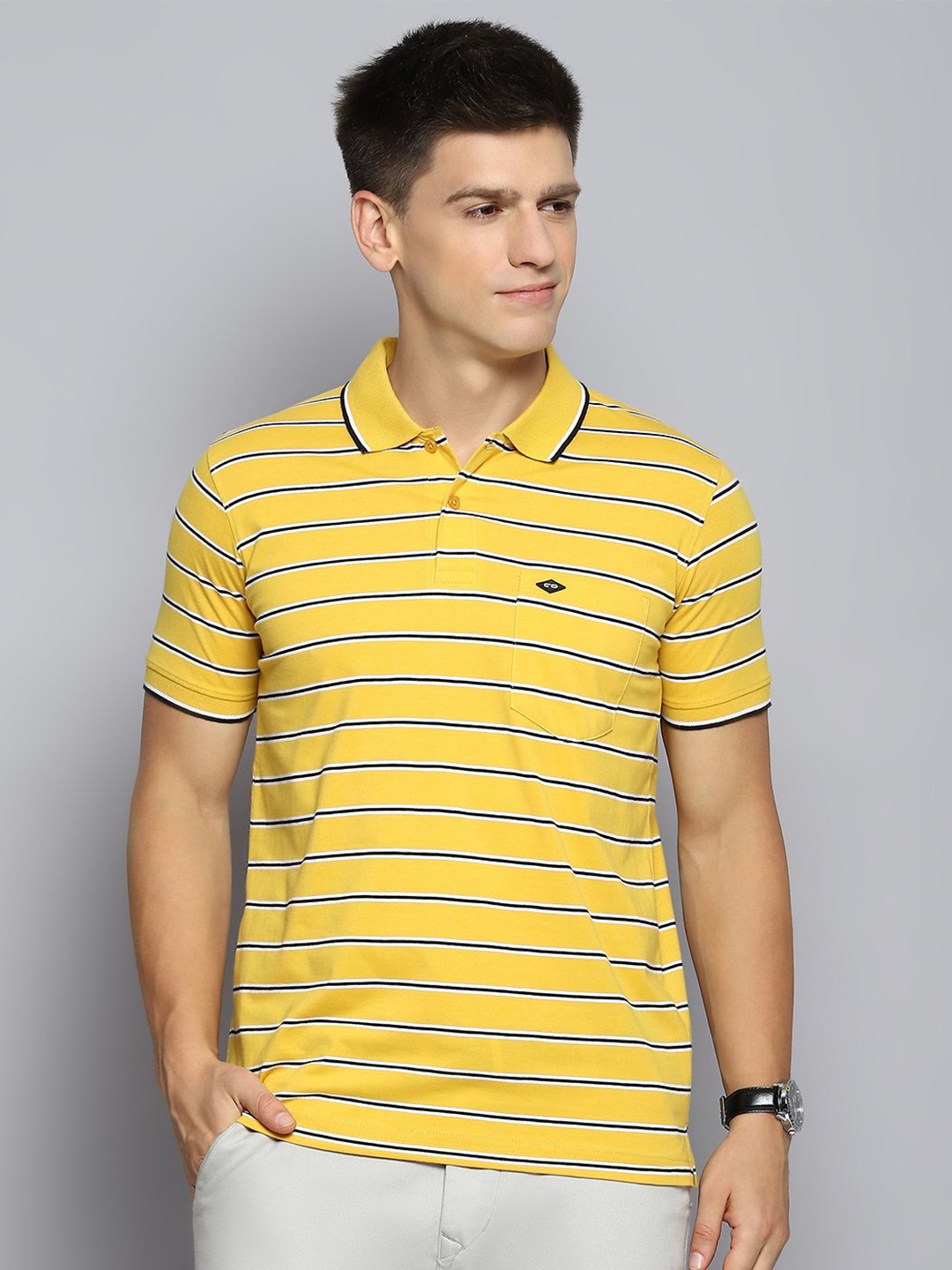 

Cloak & Decker by Monte Carlo Men Striped Polo Collar Pocket T-shirt, Yellow