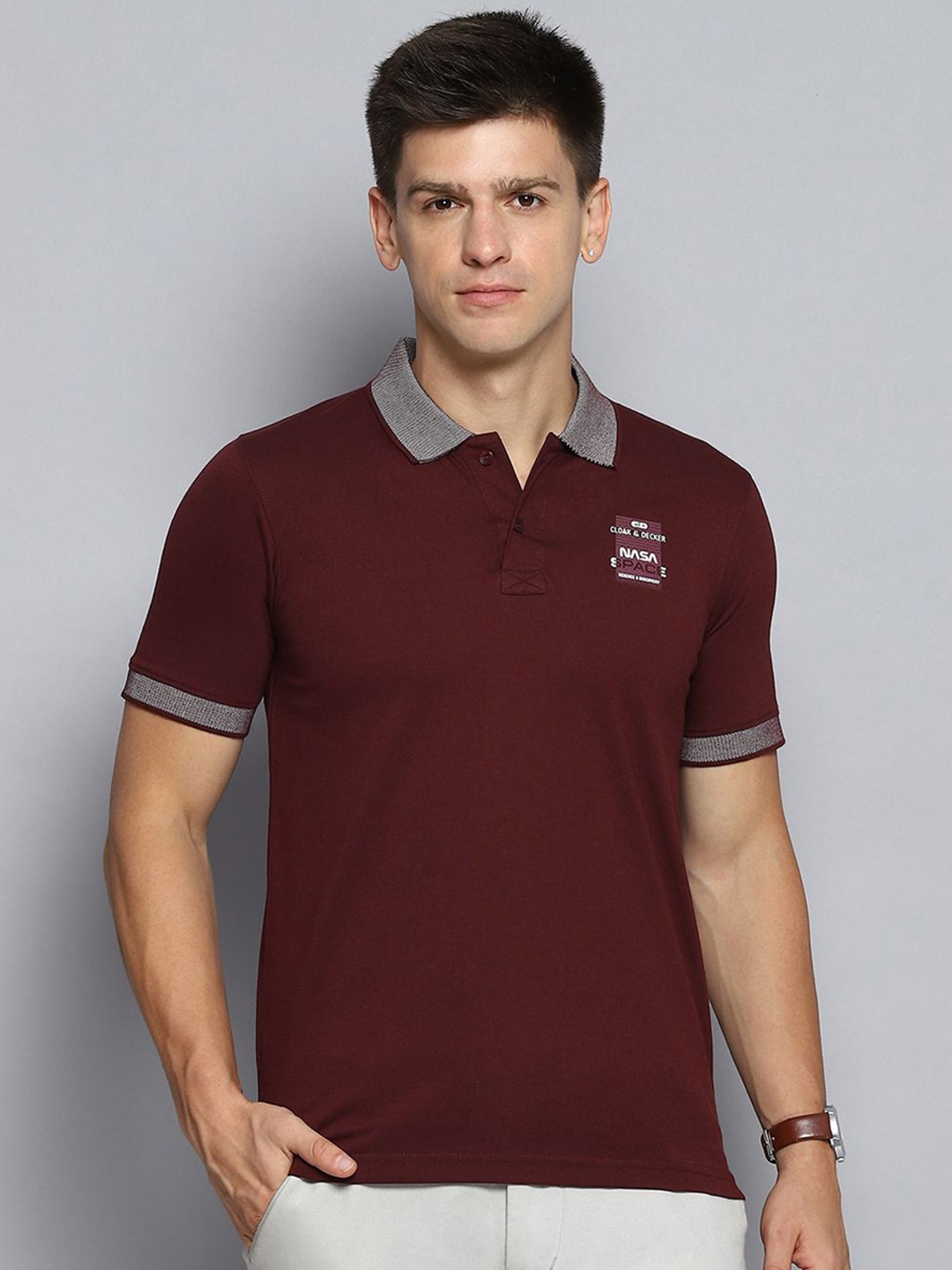 

Cloak & Decker by Monte Carlo Men Solid Polo Collar T-shirt, Maroon