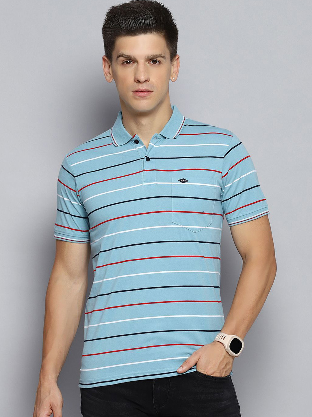 

Cloak & Decker by Monte Carlo Men Striped Polo Collar Pocket T-shirt, Blue