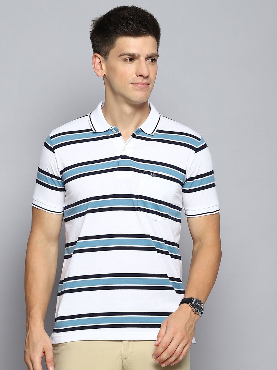 

Cloak & Decker by Monte Carlo Men Striped Polo Collar Pocket T-shirt, White
