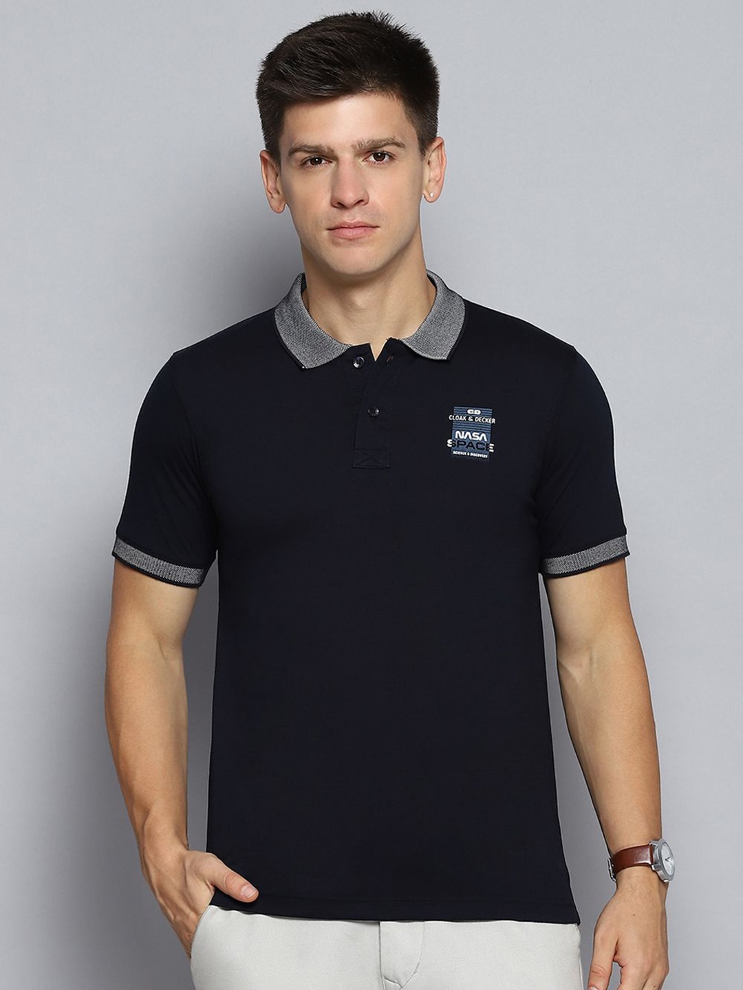 

Cloak & Decker by Monte Carlo Men Solid Polo Collar T-shirt, Navy blue