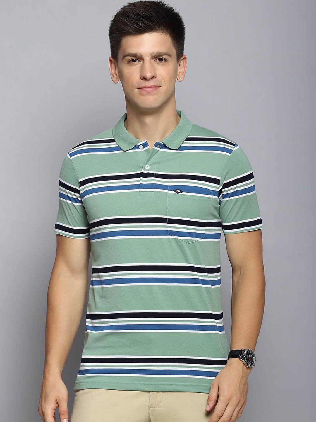 

Cloak & Decker by Monte Carlo Men Striped Polo Collar Pocket T-shirt, Green