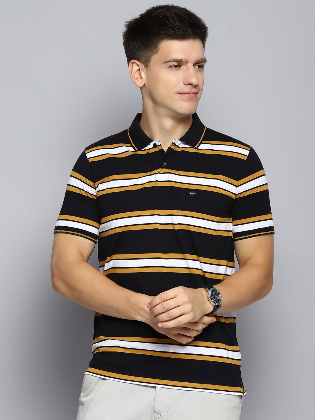 

Cloak & Decker by Monte Carlo Men Striped Polo Collar Pocket T-shirt, Black