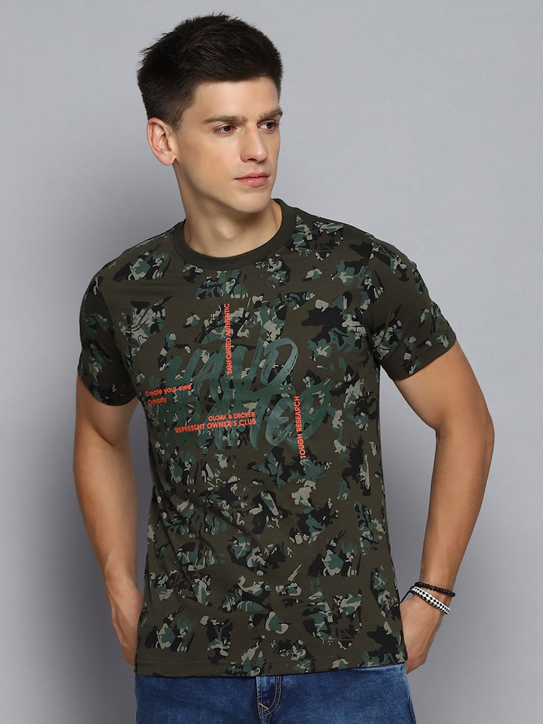 

Cloak & Decker by Monte Carlo Men Camouflage Printed Round Neck T-shirt, Olive