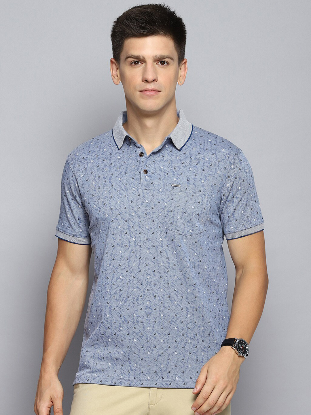 

Cloak & Decker by Monte Carlo Men Micro Or Ditsy Printed Polo Collar Pockets T-shirt, Blue