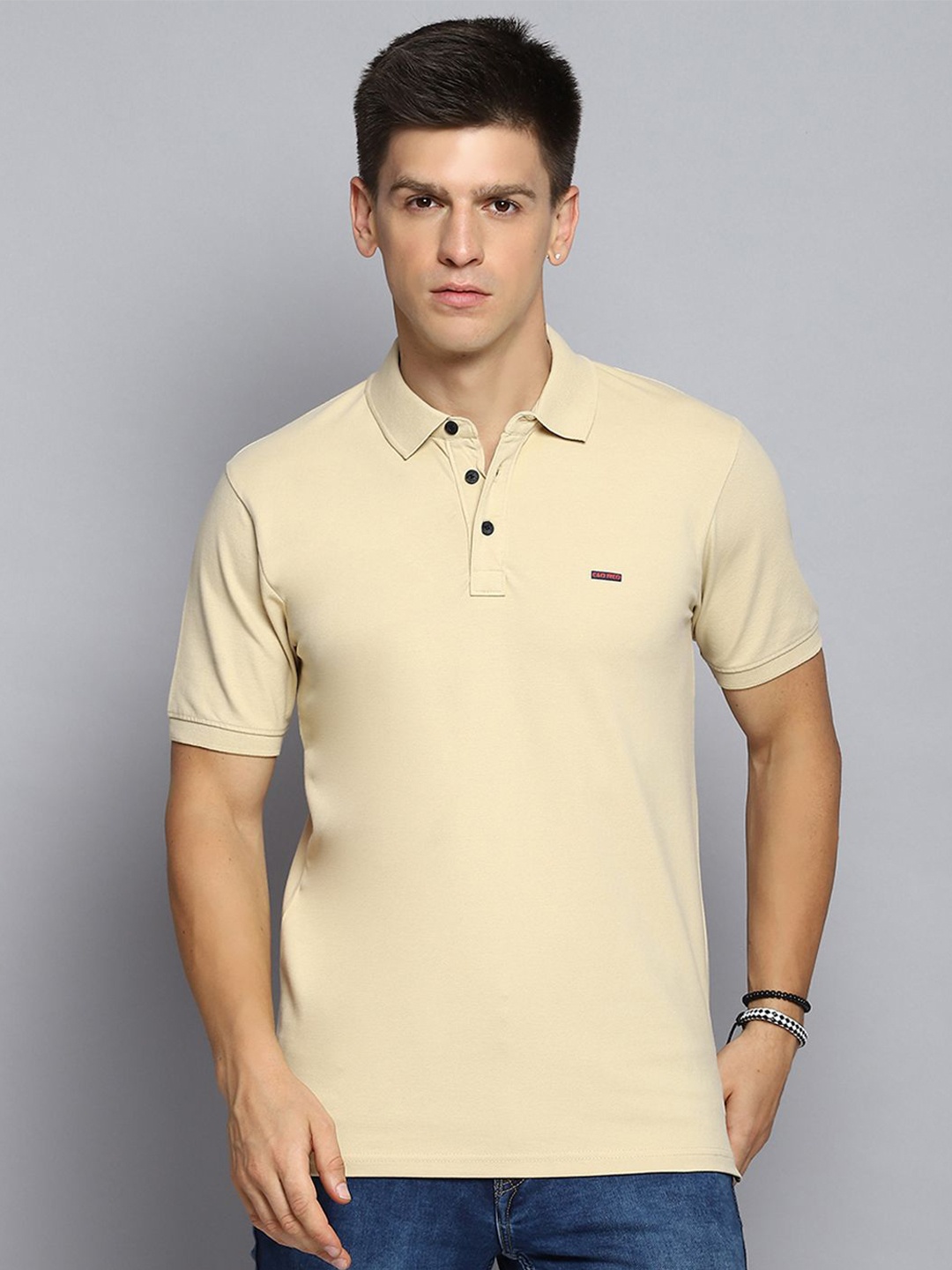 

Cloak & Decker by Monte Carlo Men Solid Polo Collar T-shirt, Beige