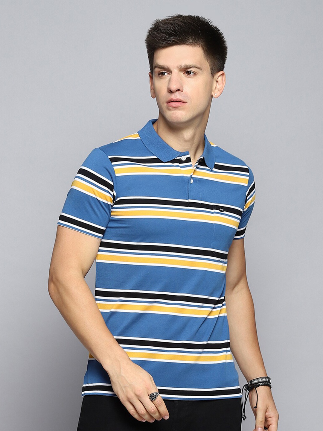 

Cloak & Decker by Monte Carlo Men Striped Polo Collar Pocket T-shirt, Blue